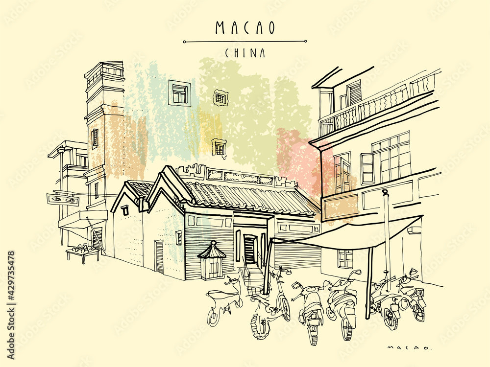 Vector Macao postcard. Chinese Kuan Tai (Sam Kai Vui Kun) temple. Old town historical center. Macau (Macao), China, Asia. Artistic drawing. Asian travel sketch. Vintage hand drawn postcard, poster