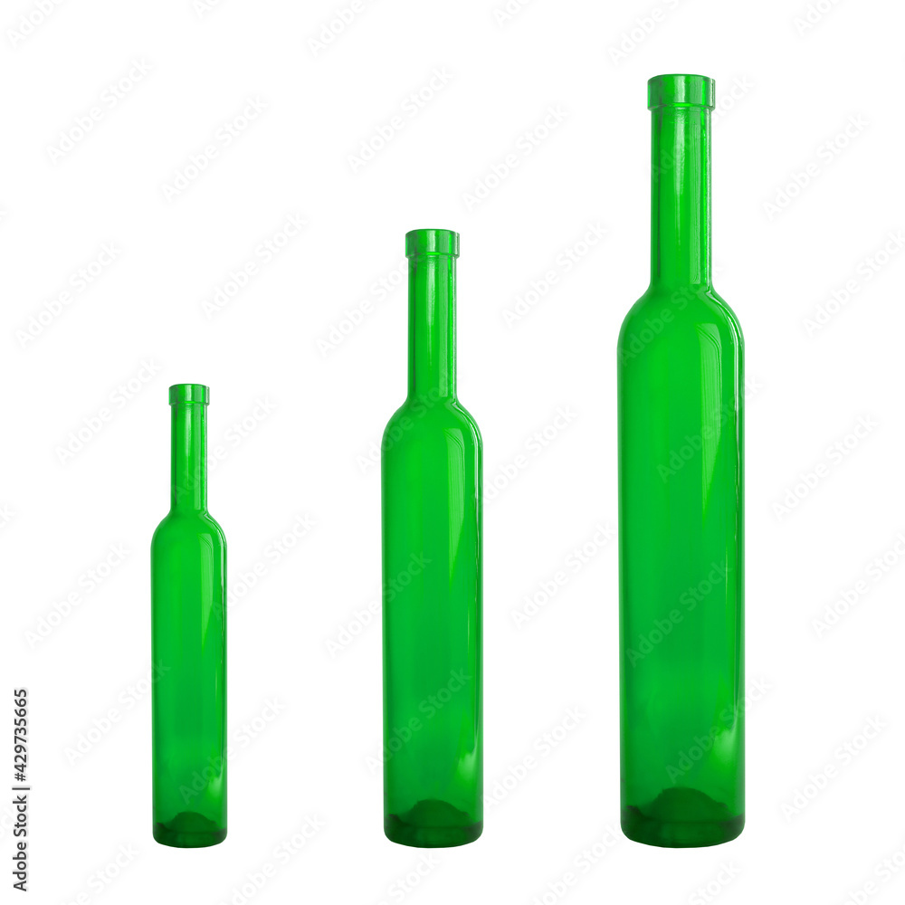 Three green bottles in a row, isolated on white background Three green bottles in a row, isolated on white background