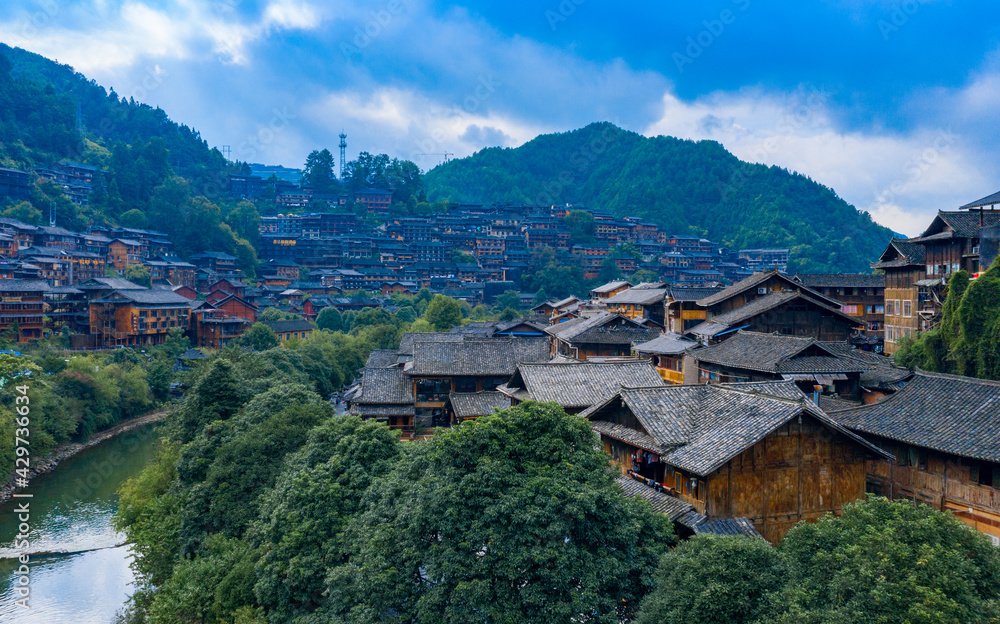 Dusk scenery of Qianhu Miao village in Xijiang, Qiandongnan, Guizhou Province, China