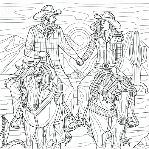 Two cowboys on horseback in desert .Coloring book antistress for children and adults. Illustration isolated on white background.Zen-tangle style. Hand draw