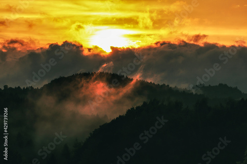 foggy landscape at sunset