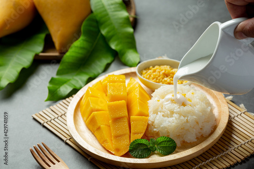 fresh ripe mango and sticky rice with coconut milk on dark background photo
