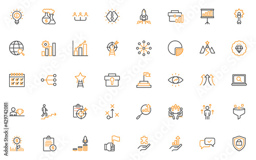 set of business startup thin line icons, management, research