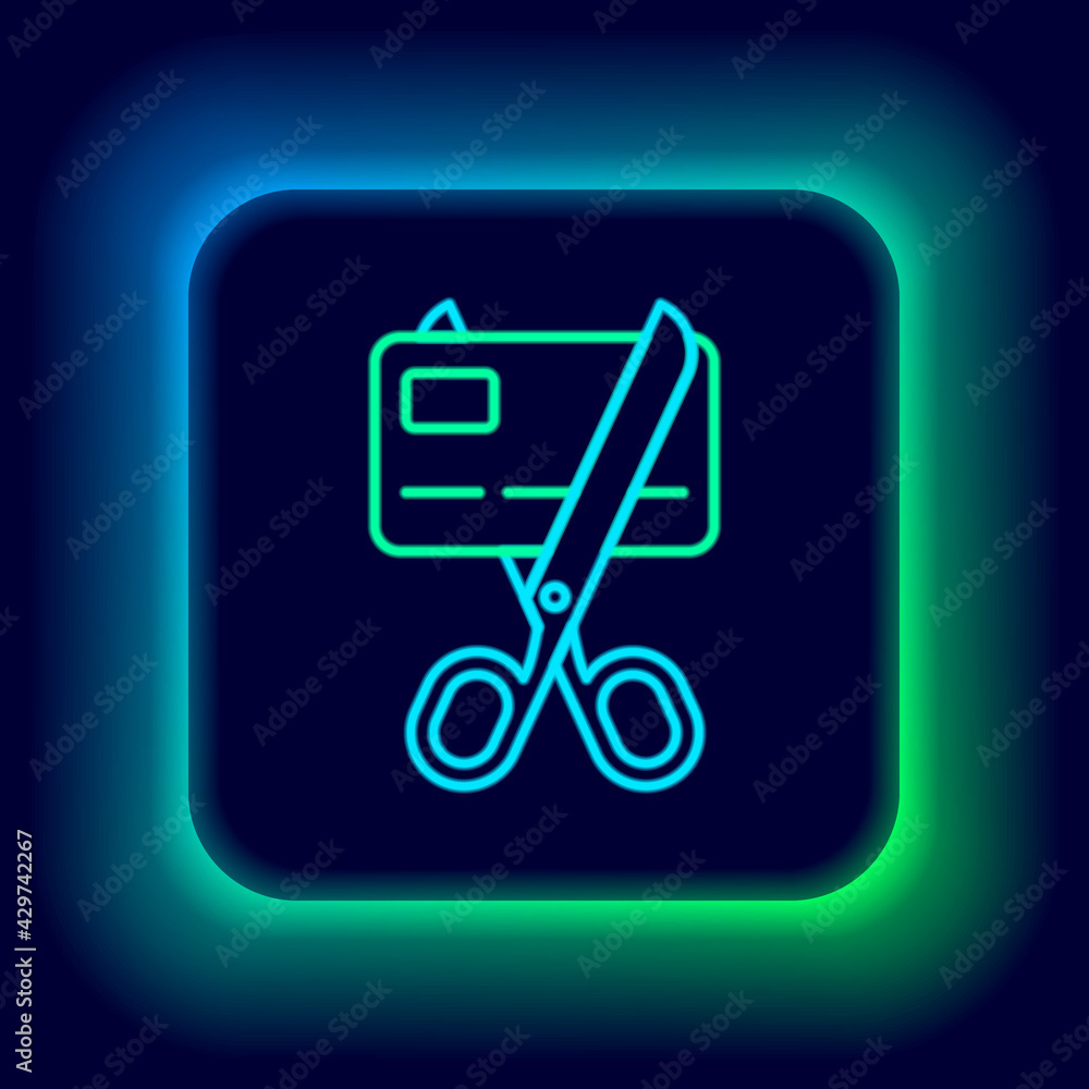 Glowing neon line Scissors cutting a credit card icon isolated on black background. Online payment. Cash withdrawal. Financial operations. Shopping sign. Colorful outline concept. Vector Glowing neon line Scissors cutting a credit card icon isolated on black background. Online payment. Cash withdrawal. Financial operations. Shopping sign. Colorful outline concept. Vector