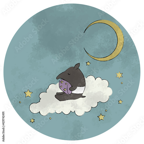 空で安眠するバクのイラスト　まる　テキストなし