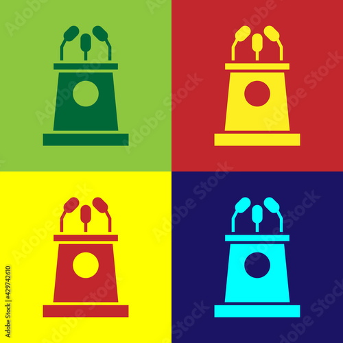 Pop art Stage stand or debate podium rostrum icon isolated on color background. Conference speech tribune. Vector Illustration