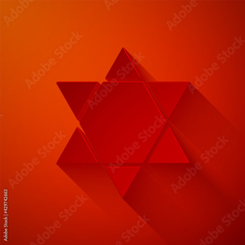 Paper cut Star of David icon isolated on red background. Jewish religion symbol. Symbol of Israel. Paper art style. Vector Illustration
