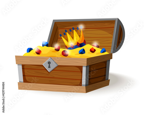 Treasure chest isometric cartoon. Wooden open box full of gold coins, jewels and royal crown. Precious treasures, crystals, gems and golden coins in pirate chest. Illusration for game user interface