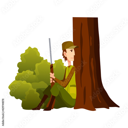 Hunter character with rifle sitting by a tree. Man with a gun in camouflage in cartoon style. Human with weapons on hunting