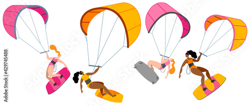 A girl on a board is engaged in kitesurfing. A set of vector isolated images with a surfer girl. 