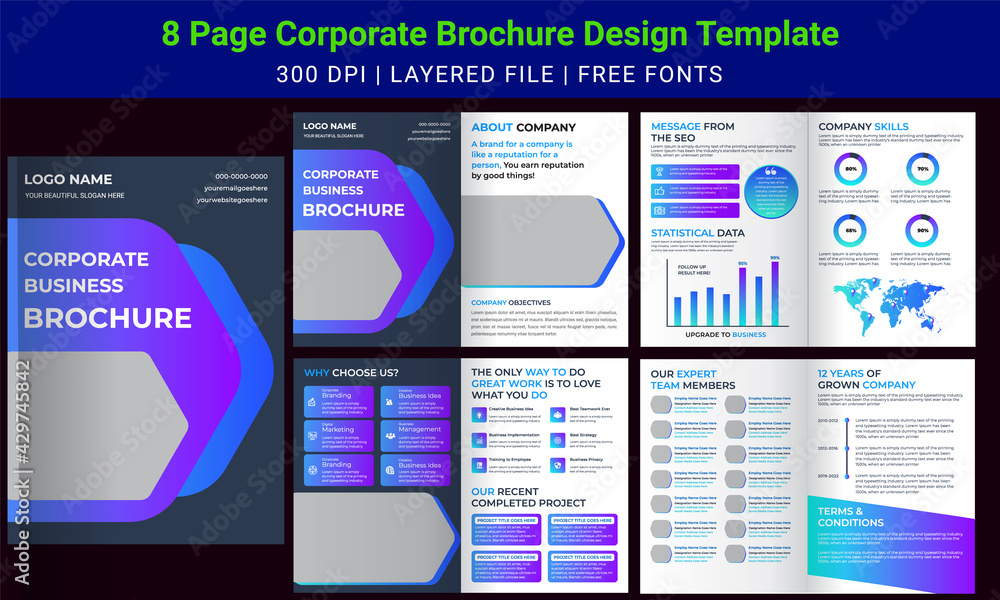 Naklejka premium Brochure creative design. Brochure template layout design with cover page for company profile, annual report, brochures, flyers, presentations, leaflet, magazine, book. Multipurpose template