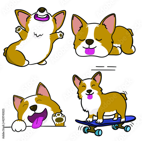 Illustration set of welsh corgi on isolated white background. Vector hand draw character of smile cute pet dog cartoon style. Fun graphic collection.