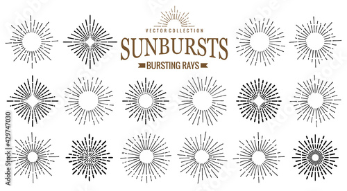 Sunburst icon set. Retro hand drawn sparkle. Geometric sun beams in different forms. Bursting rays design elements. Star shining form of lines
