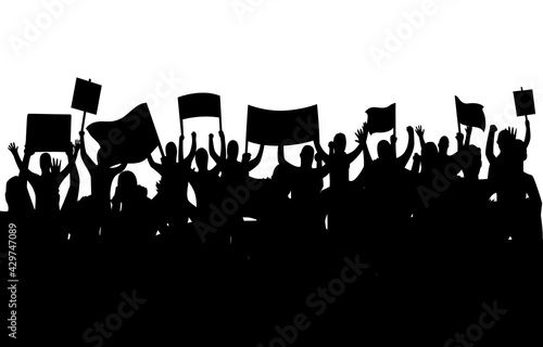 Peaceful protest and revolution. Silhouette of riot protesting crowd demonstrators with banners and flags. People on the meeting, crowd with banners. Vector illustration of conflict