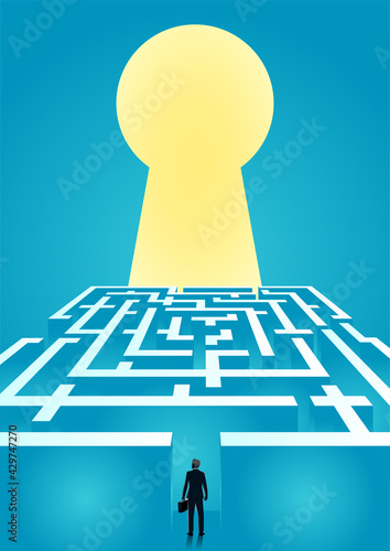 vector illustration of businessman walking in labyrinth to keyhole. describe success, opportunity, overcoming, ambition and courage. business concept illustration