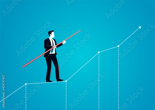 vector illustration of businessman walking away carefully from rope by holding a pole. describe challenge, obstacles, ambition, take a risk and danger. business concept illustration