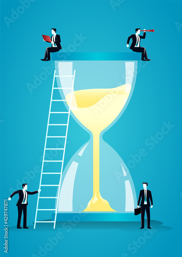 vector illustration of businessman sitting and standing around hourglass. describe teamwork and time management. business concept illustration