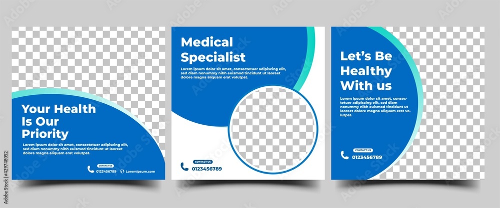 Medical and health care social media post template. Usable for social media, flyers, banners, and web internet ads. Medical and health care social media post template. Usable for social media, flyers, banners, and web internet ads.