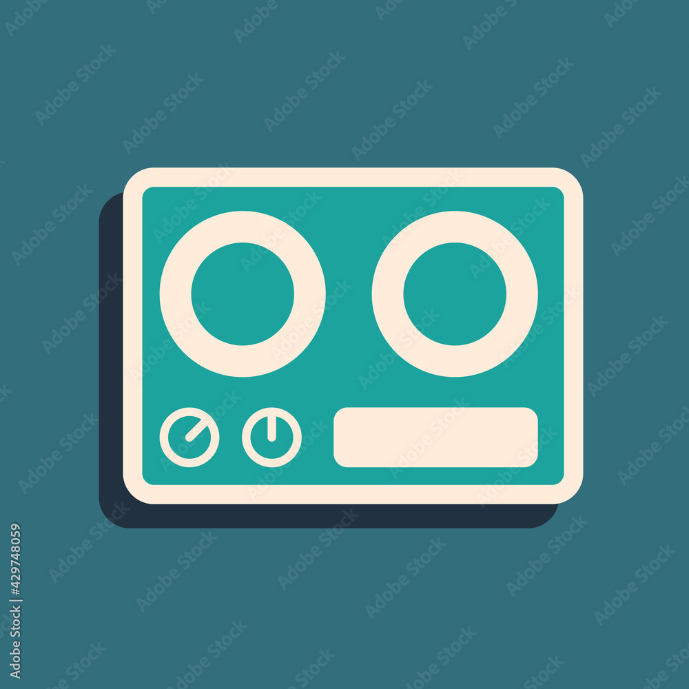 Green Gas stove icon isolated on green background. Cooktop sign. Hob with four circle burners. Long shadow style. Vector Green Gas stove icon isolated on green background. Cooktop sign. Hob with four circle burners. Long shadow style. Vector
