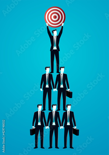 vector illustration of businessman pyramid to reach target. describe teamwork, solution, cooperation, target and strategy. business concept illustration
