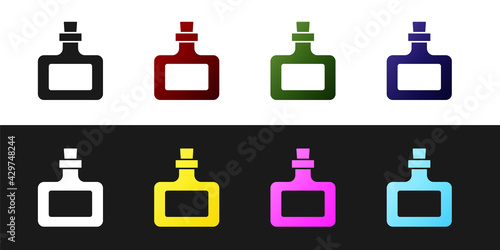 Set Sauce bottle icon isolated on black and white background. Ketchup, mustard and mayonnaise bottles with sauce for fast food. Vector
