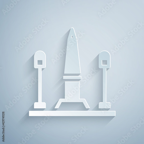 Paper cut Place De La Concorde in Paris, France icon isolated on grey background. Paper art style. Vector