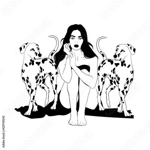 Vector hand drawn   illustration of dalmatian with the girl isolated. Creative realistic artwork.  Template for card, poster, banner, print for t-shirt, pin, badge, patch.