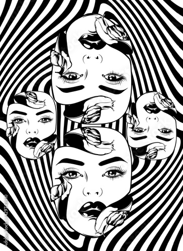 Vector hand drawn illustration of girl's face with snails  . Surreal tattoo artwork. Template for card, poster, banner, print for t-shirt, pin, badge, patch.