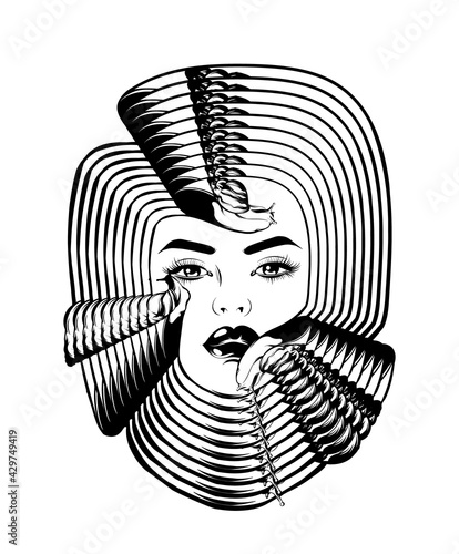 Vector hand drawn illustration of girl's face with snails  . Surreal tattoo artwork. Template for card, poster, banner, print for t-shirt, pin, badge, patch.