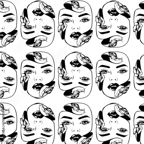 Vector hand drawn illustration of girl's face with snails  . Surreal tattoo artwork. Template for card, poster, banner, print for t-shirt, pin, badge, patch.