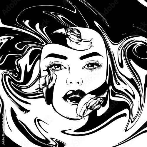 Vector hand drawn illustration of girl's face with snails  . Surreal tattoo artwork. Template for card, poster, banner, print for t-shirt, pin, badge, patch.