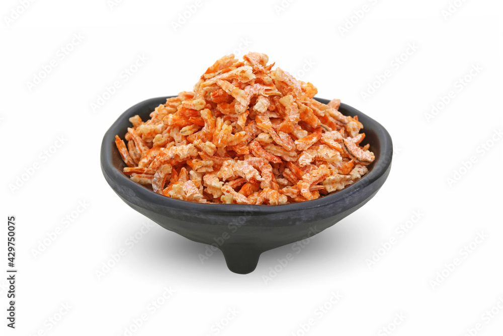 Small dried shrimp on a black cup with isolated white background. Small dried shrimp on a black cup with isolated white background.