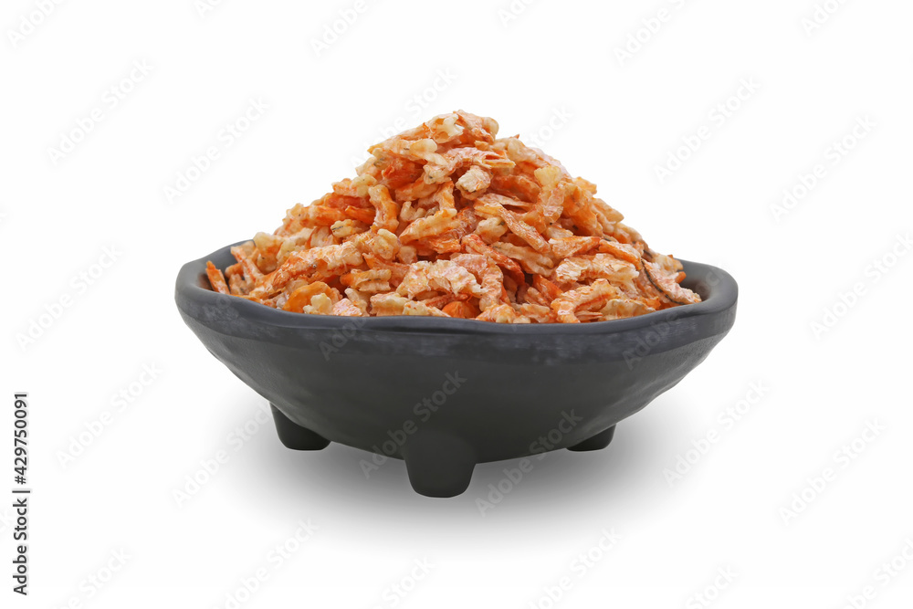 Small dried shrimp on a black cup with isolated white background. Small dried shrimp on a black cup with isolated white background.