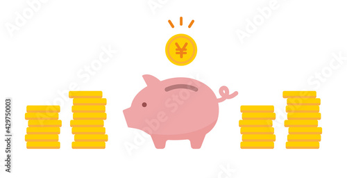 お金とブタの貯金箱のイラスト　貯蓄　貯める　節約　コイン　硬貨