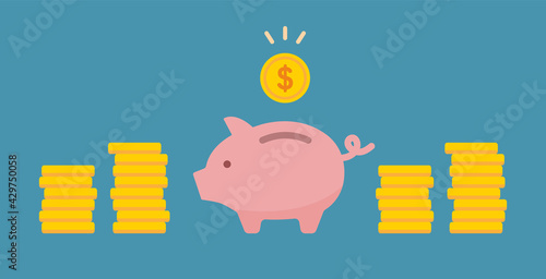 お金とブタの貯金箱のイラスト　貯蓄　貯める　節約　コイン　硬貨