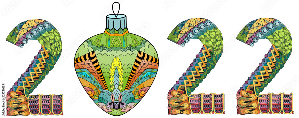 Number 2022 Zentangle with a Christmas ball. Vector decorative object for decoration Number 2022 Zentangle with a Christmas ball. Vector decorative object for decoration