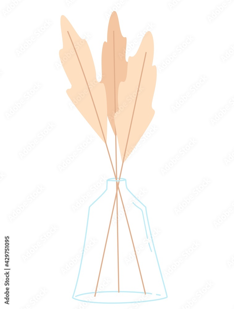 Obraz premium Three branches of dried beige leaves in a glass vase with a narrow neck on a white background. Vector design elements