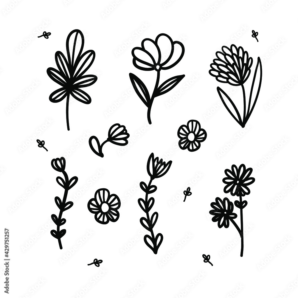 Set of hand drawn flowers for spring decoration. Doodle vector illustration. Isolated on white background. Stock illustration