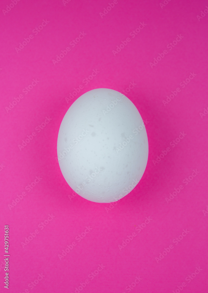 White egg on the pink background. Copy space. Minimalism, original and creative photo. Beautiful wallpaper. Easter holidays.