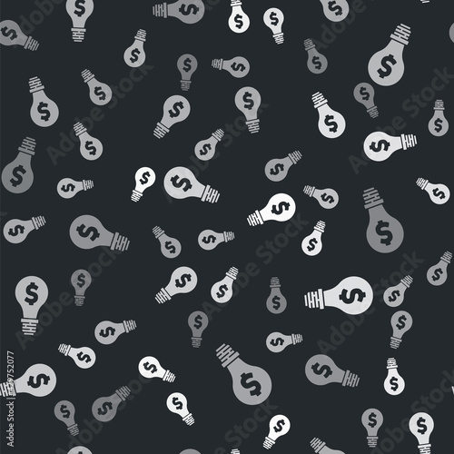 Grey Light bulb with dollar symbol icon isolated seamless pattern on black background. Money making ideas. Fintech innovation concept. Vector