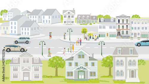 Familien und Menschen auf dem Bürgersteig mit Straßenverkehr Illustration © scusi