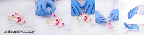 series of photos with hands of a doctor holding pills of different color; ampoules with antibiotics.
