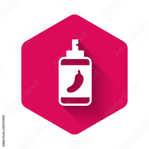 White Pepper spray icon isolated with long shadow. OC gas. Capsicum self defense aerosol. Pink hexagon button. Vector