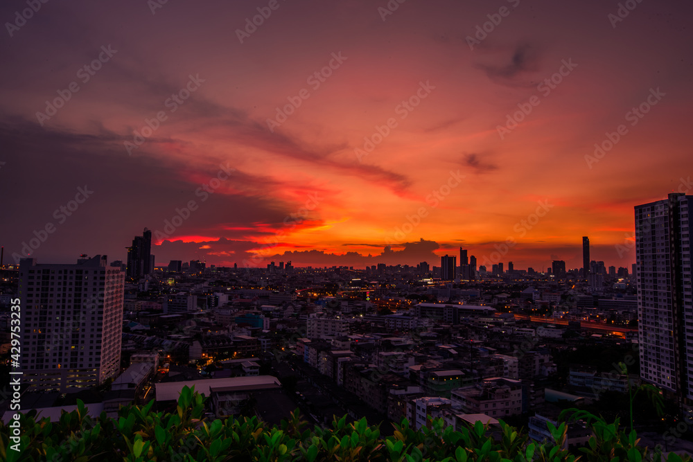 abstract background view of the colorful twilight sky.In the evening, the colorful changes (pink, orange, yellow, purple, sky) merge into the beauty of nature