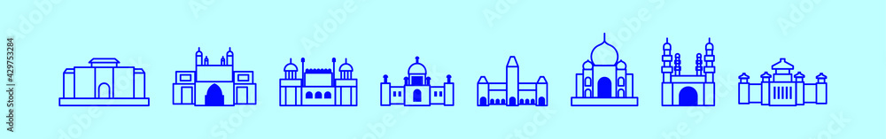 set of india landmark cartoon icon design template with various models. vector illustration isolated on blue background