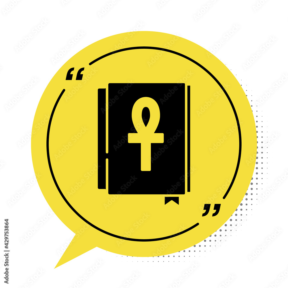 Obraz premium Black Cross ankh book icon isolated on white background. Yellow speech bubble symbol. Vector