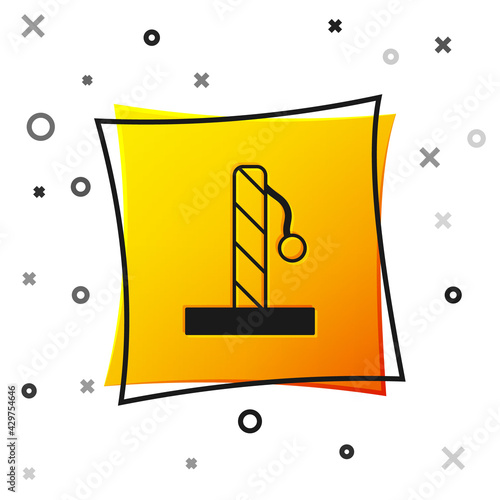 Black Cat scratching post with toy icon isolated on white background. Yellow square button. Vector