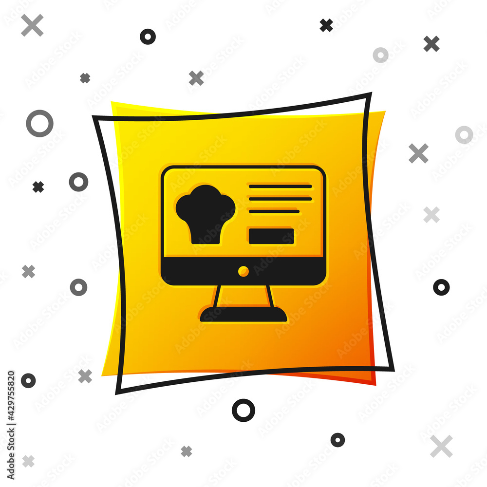 Black Online ordering and fast food delivery icon isolated on white background. Yellow square button. Vector Black Online ordering and fast food delivery icon isolated on white background. Yellow square button. Vector