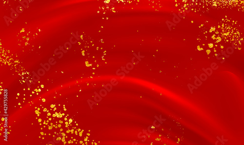 Red silk draped fabric background with gold glitter and sparkle. Elegant gold invitation card with red silk cloth on the background. Gold glitter texture on a red background. Vector illustration EPS10