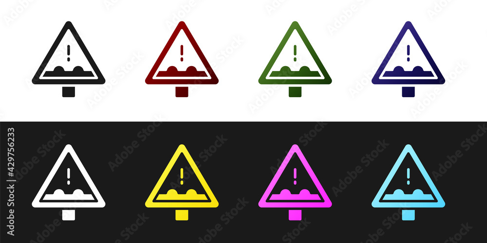 Set Uneven road ahead sign. Warning road icon isolated on black and white background. Traffic rules and safe driving. Vector Set Uneven road ahead sign. Warning road icon isolated on black and white background. Traffic rules and safe driving. Vector